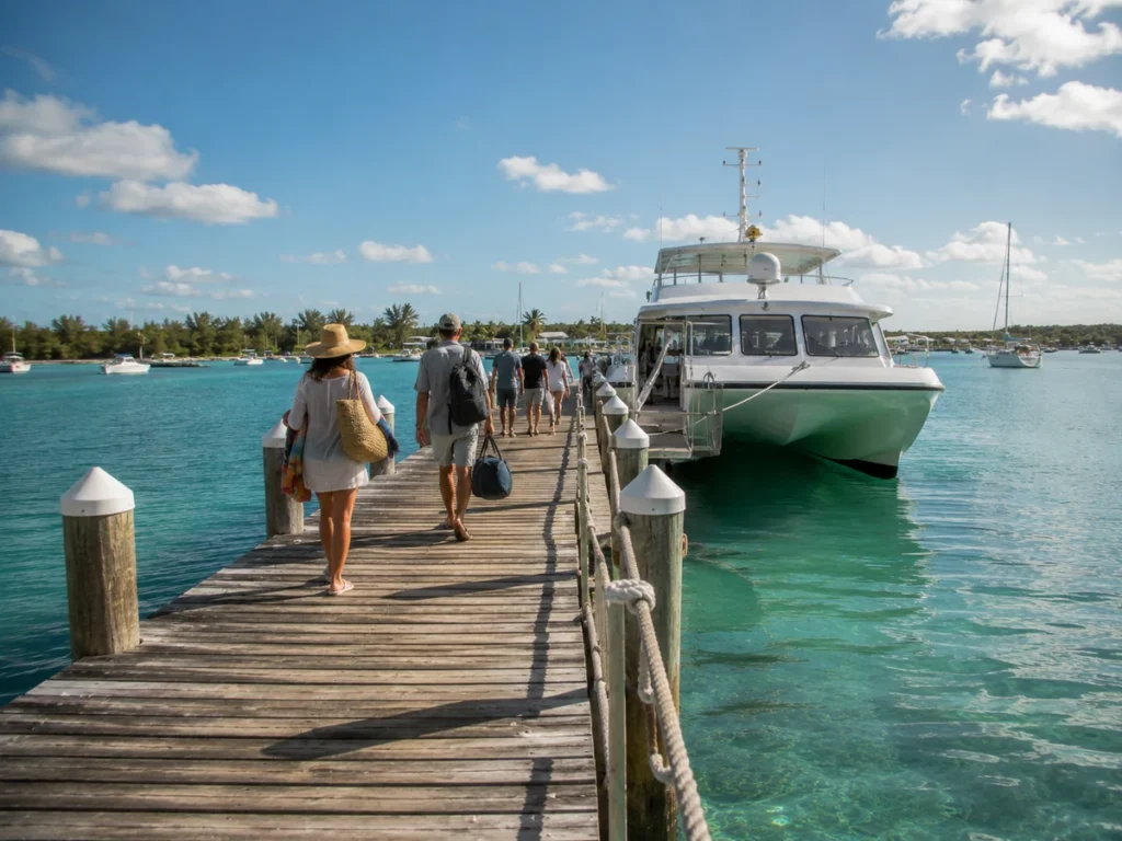 Guests walking along the dock to board the ferry to Pearl Island, Bahamas