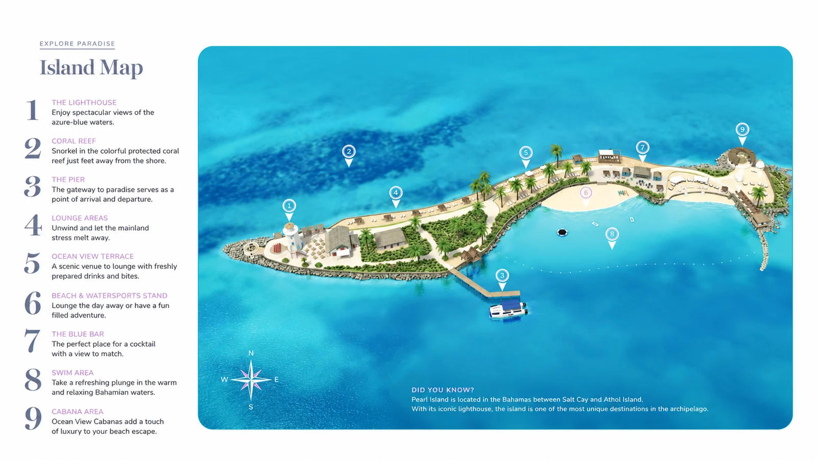 Illustrated map of Pearl Island Bahamas showing the lighthouse, coral reef, pier, beaches and cabana area near Nassau